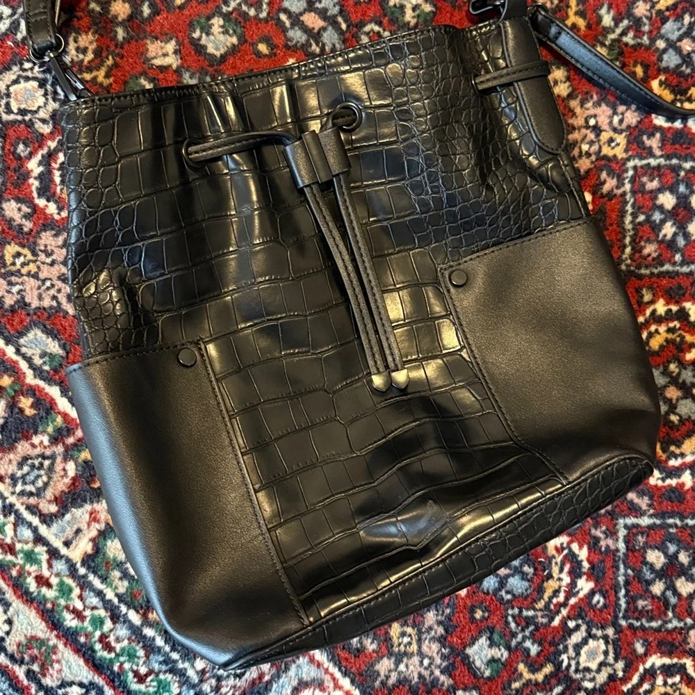 Aldo Black Croc Embossed Bucket Bag | Drawstring Shoulder Crossbody